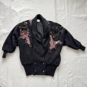 Vintage 80s cardigan sweater Medium black wool patchwork oversized shoulder pads